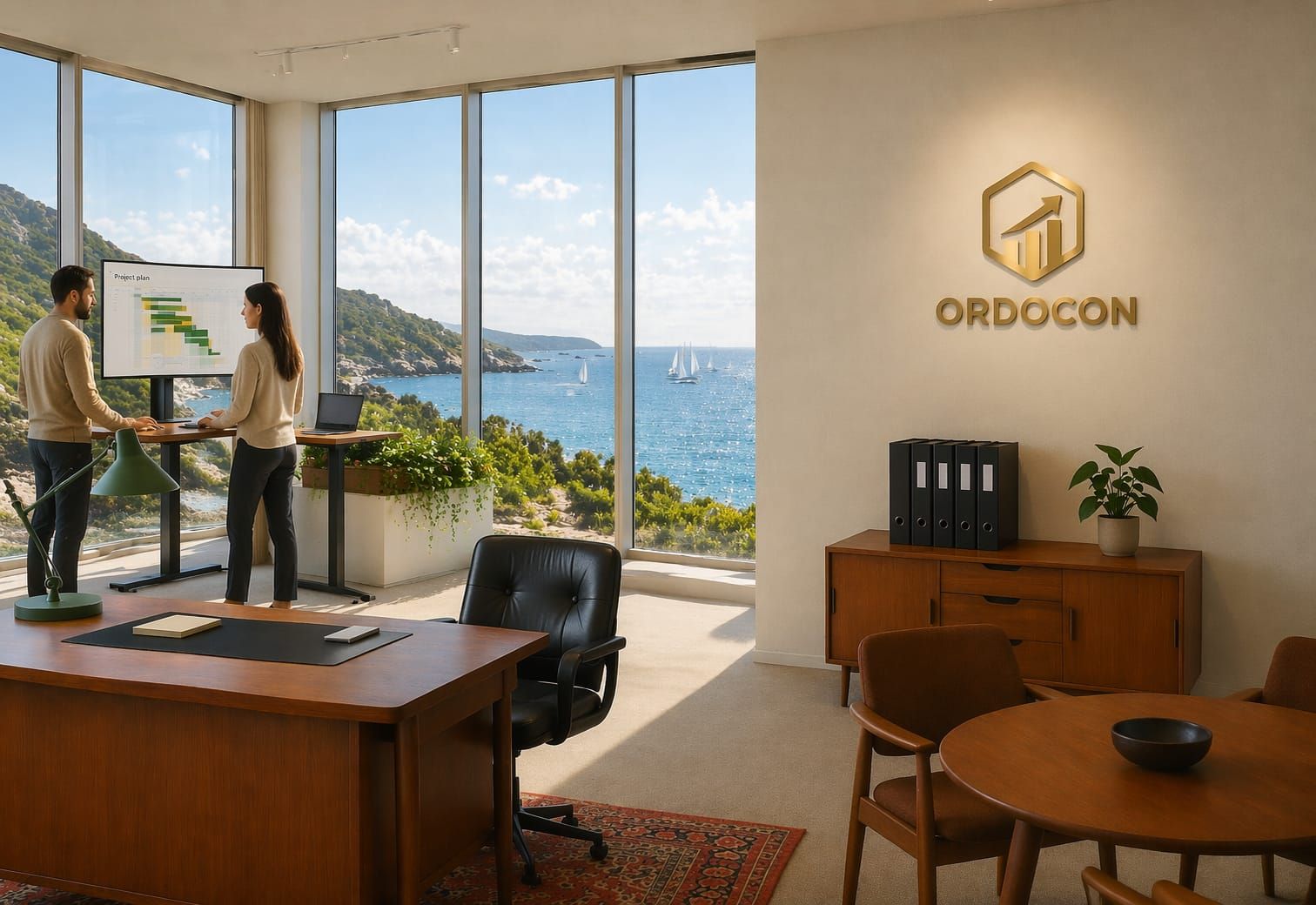 Ett teoretiskt kontor med två medarbetare och en Ordocon-skylt